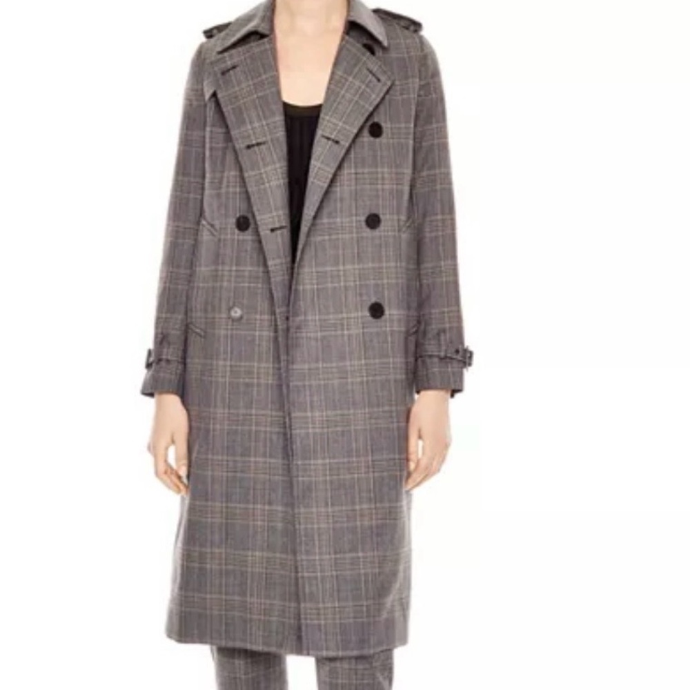 Sandro Gray Plaid Double-Breasted Trench Coat